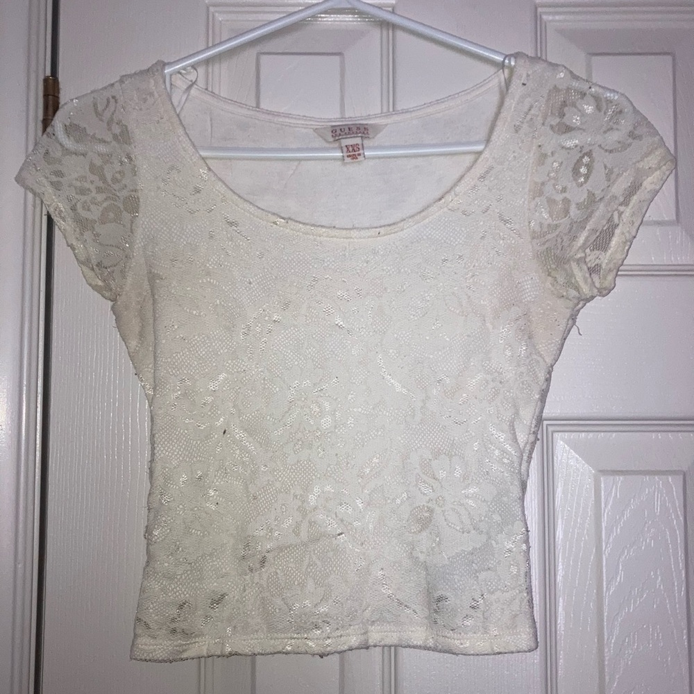 🤍 GUESS Lace Crop Tee - Cream - XXS